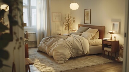 A cozy Scandinavian bedroom featuring a double bed with a headboard, bedside tables