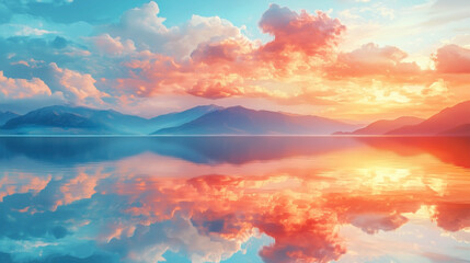 Fototapeta premium Mirrored landscape where the sky reflects perfectly off a glass-like lake, with vivid clouds and distant mountains creating a dreamlike symmetry.