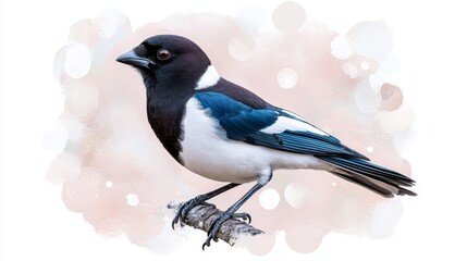 Fototapeta premium A black-and-white bird perches on a wooden branch against a backdrop of pink and white flowered foliage