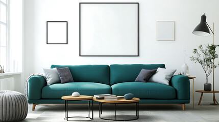 Modern living room with a teal sofa, two coffee tables, and three empty frames on the wall.