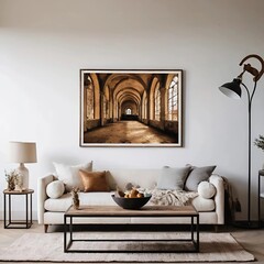 Grunge old accent coffee table near white sofa against arched window and white wall with big art poster frame. Minimalist, art deco interior design of modern living room, home.
