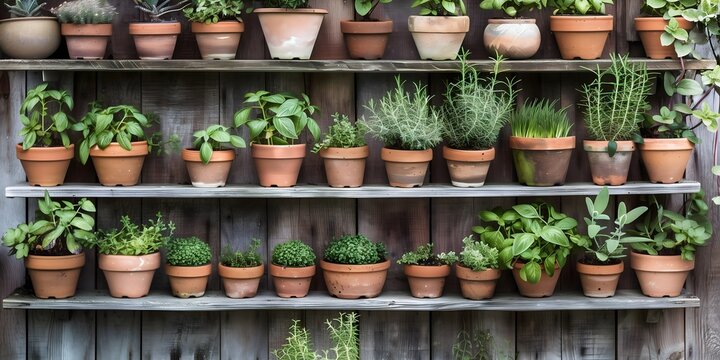 Potted herb garden various aromatic culinary plants in terracotta pots arranged on wooden shelves against rustic fence background