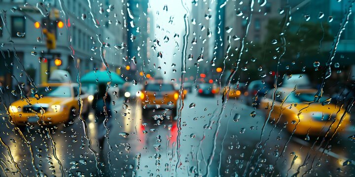 Fototapeta Rainy day in New York City yellow taxi cabs and blurred pedestrians seen through rain covered car window water droplets