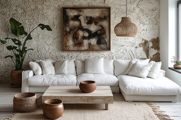 Minimalist, contemporary Scandinavian interiors in the living room with art frames hanging on the wall and lights and sofas. Generative AI
