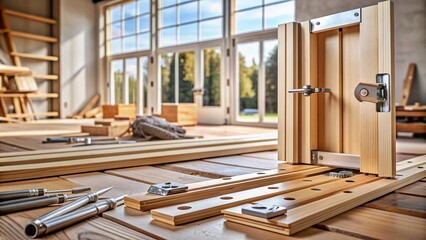 A partially constructed door frame with wood planks, metal hinges, and tools scattered around, set against a blurred blueprints background with architectural lines.