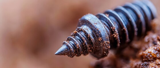  A tight shot of a metallic item with a screw at its core, surrounded by dirt on the ground behind