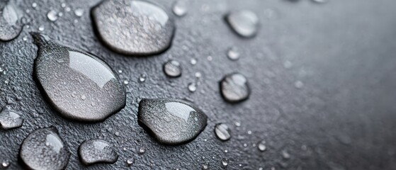  A group of raindrops on a black surface, each bearing water droplets at their bases
