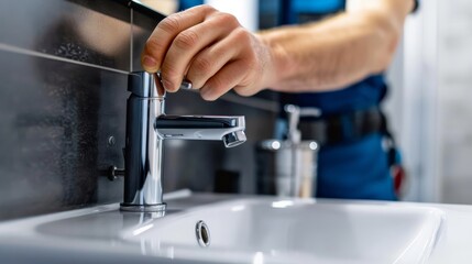 Professional Plumber Installing Modern Faucet in Bright Bathroom with Decorative Mirror Reflection