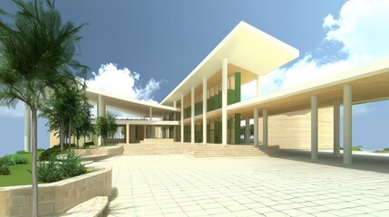 Impressive Modern Corporate Office Building with Glass Facade and Palm Trees