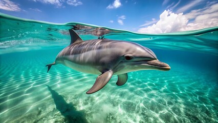 Fototapeta premium A solitary dolphin swims playfully in the clear turquoise water, its sleek gray body arcing through the surface, leaving a trail of bubbles behind.