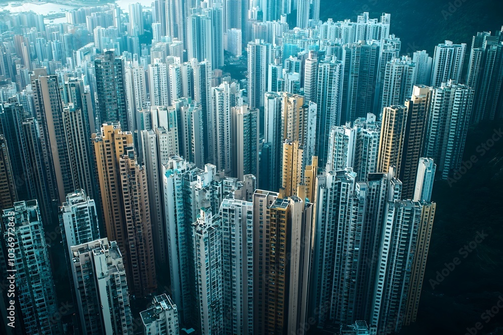 Poster panoramic view of densely clustered skyscrapers in a modern metropolis