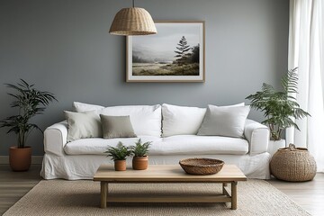 Fototapeta premium Minimalist, contemporary interior of the living room with walls hanging with art frames and lighting from the ceiling. Generative AI 