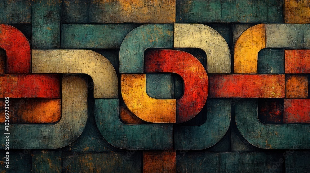 Poster abstract geometric design featuring interwoven shapes and a textured color palette.