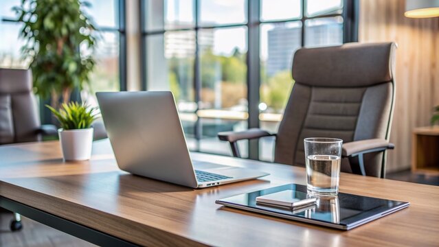 Professional business setting with modern furniture, laptop, and water glass on desk, comfortable atmosphere, awaiting candidate's arrival for job opportunity discussion.