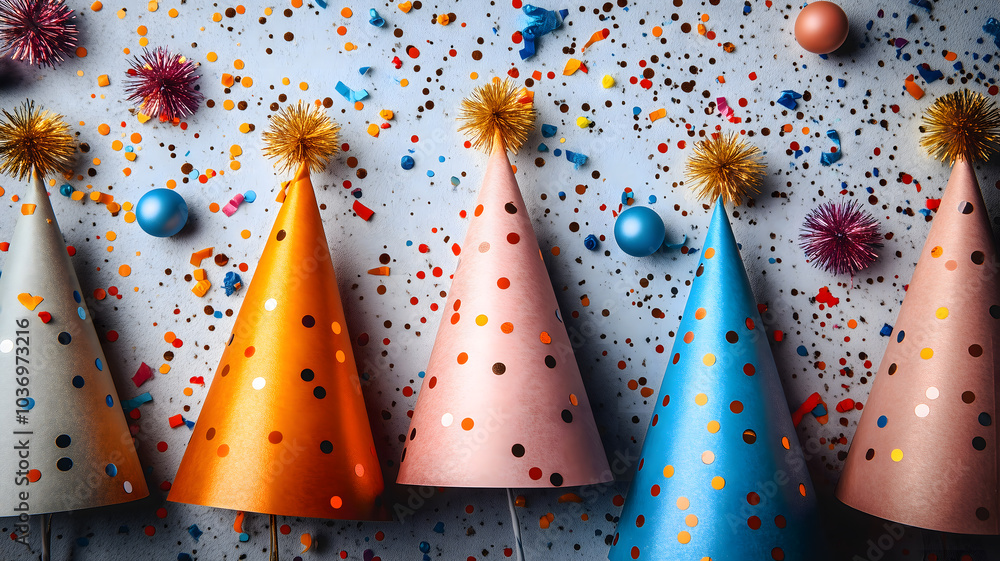 Poster a row of party hats with gold and pink decorations are scattered on a table. the hats are of differe
