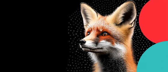 Fototapeta premium A tight shot of a fox's face against a black backdrop, surrounded by red, blue, and green circles