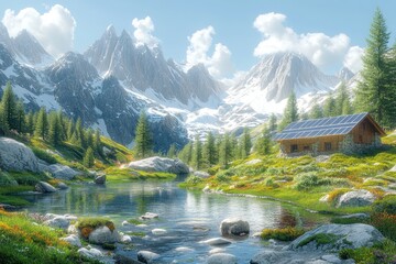 A serene mountain landscape featuring a cabin with solar panels by a tranquil river.