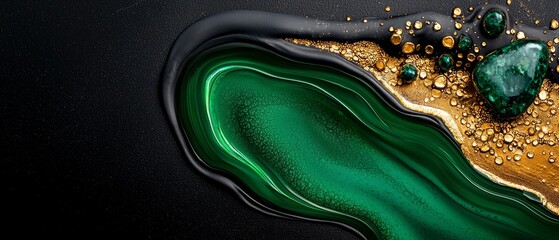 Obraz premium A tight shot of a green-gold liquid against a black backdrop, studded with golden flakes and dotted with water droplets