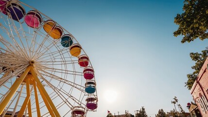 Fototapeta premium A breathtaking low-angle view of a vibrantly lit ferris wheel set against the backdrop of a deep blue evening sky, capturing the essence of joy and celebration.