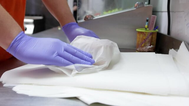 A close-up of a cook's hands wrapping a burger in wrapping paper in a fast food restaurant.