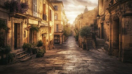 Obraz premium Charming Old Town Street With Warm Sunshine Glow