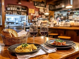 イタリアンレストランのパスタと赤ワインのディナー | Pasta and Red Wine Dinner in an Italian Restaurant