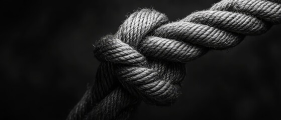  A tight knot in the middle of a black-and-white rope, depicted in a close-up photograph
