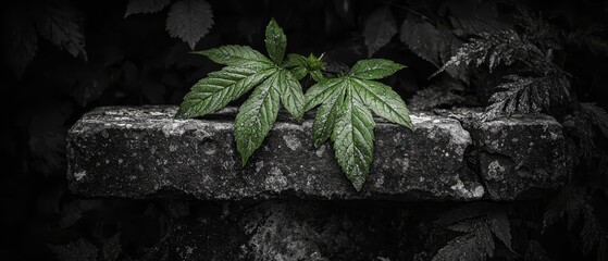A monochrome image of a plant blooming from a fissure in a moss-covered stone wall, nestled amidst a forest