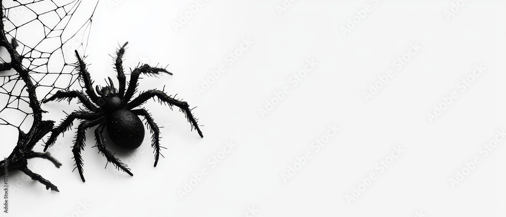 Wall mural a monochrome image of a spider against a pristine white backdrop, displaying an intricate web extend