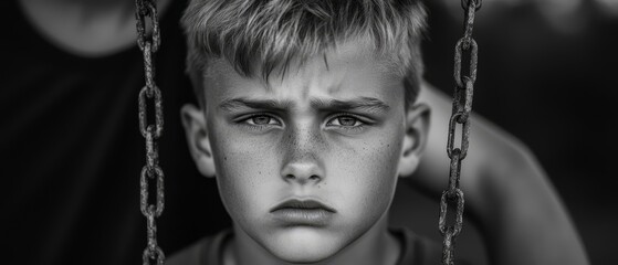  A monochrome image of a boy with a somber expression, seated on a swing
