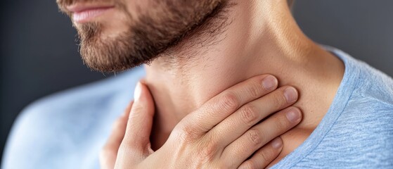 Obraz premium A man in a blue shirt, hands on chest - one hand touching