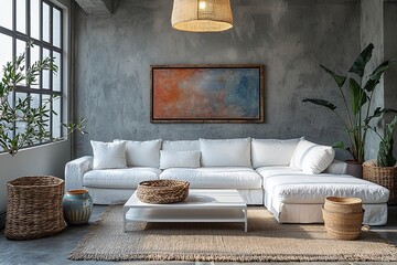 Minimalist, contemporary Scandinavian interiors in the living room with art frames hanging and lights from the sofa and ceiling. Generative AI

