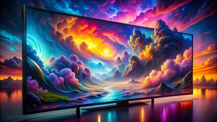 Vibrant television set screen displays a surreal dreamlike landscape with swirling clouds, neon hues, and dramatic lighting against a dark mystical atmosphere.