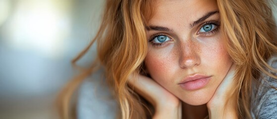 Fototapeta premium A tight shot of a woman's face adorned with freckles, framing her blue eyes and facial freckles