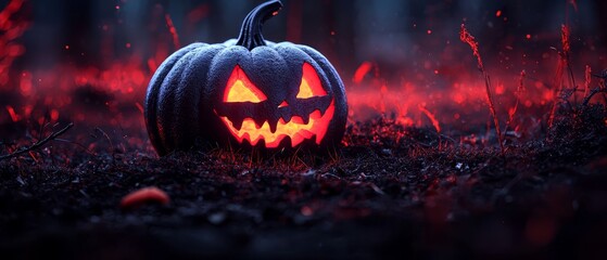 Fototapeta premium A glowing jack-o-lantern pumpkin sits in the middle of a field, its face aglow with a radiant red light