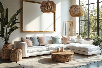 Minimalist, contemporary Scandinavian interiors in the living room with ceiling lights and sofas. Generative AI
