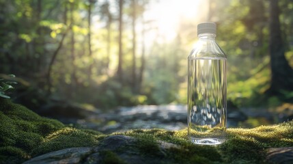 Refreshing Serenity: A Clear Water Bottle Glimmering in the Lush Green Forest with Sunlight Filtering Through the Trees
