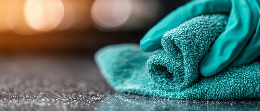  A tight shot of a hand wearing a microlite glove atop a blue towel