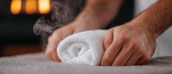  A person tightly gripping a towel, their face focused intently, on a bed with a fireplace and its flames burning in the background