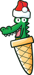 Cute and funny crocodile in a cone cartoon character wearing santa's hat celebrating christmas