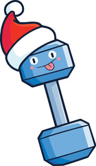 Cute and funny blue dumbbell cartoon character wearing santa's hat celebrating christmas