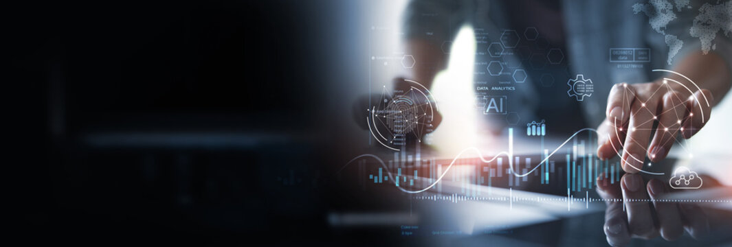 Big data analytics with AI technology. Data analyst analyzing and visualizing information network with artificial intelligence. Machine learning algorithm, software for business analytics and finance