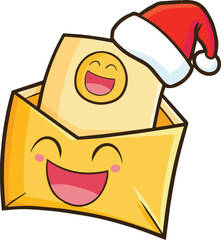 Cute and funny yellow envelope cartoon character wearing santa's hat celebrating christmas