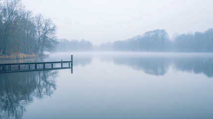 Fototapeta premium A tranquil lake in the early morning mist, inviting calm and reflection.