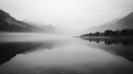 Fototapeta premium Serene Misty Lake Reflection in Black and White