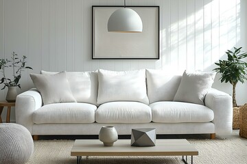 Minimalist, contemporary interior of the living room with walls hanging with art frames and lighting from the ceiling. Generative AI
