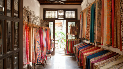 Colorful silk fabrics hang in traditional Thai clothing shop, showcasing vibrant patterns and textures. warm atmosphere invites exploration and appreciation of craftsmanship