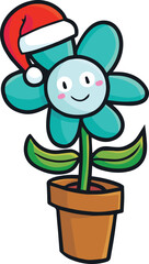 Cute and funny blue flower cartoon character wearing santa's hat celebrating christmas
