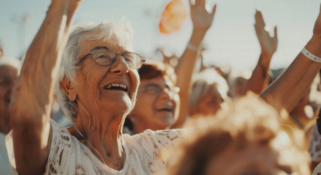 Happy Elderly Woman in a Crowd Celebrating Outdoors in Daylight. Generative ai
