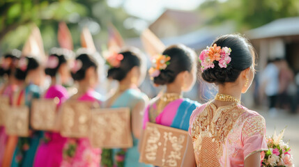 Traditional Khmer wedding with colorful silk outfits showcases beautiful women adorned with floral hairpieces. vibrant attire and joyful atmosphere reflect cultural heritage